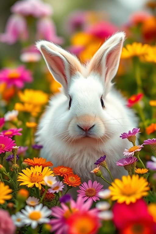 Create a vibrant scene featuring a fluffy white rabbit surrounded by a colorful array of flowers, with a soft focus background; use a DSLR camera with a 50mm lens, aperture f/2.8, ISO 100, and natural lighting for enhanced detail and depth.