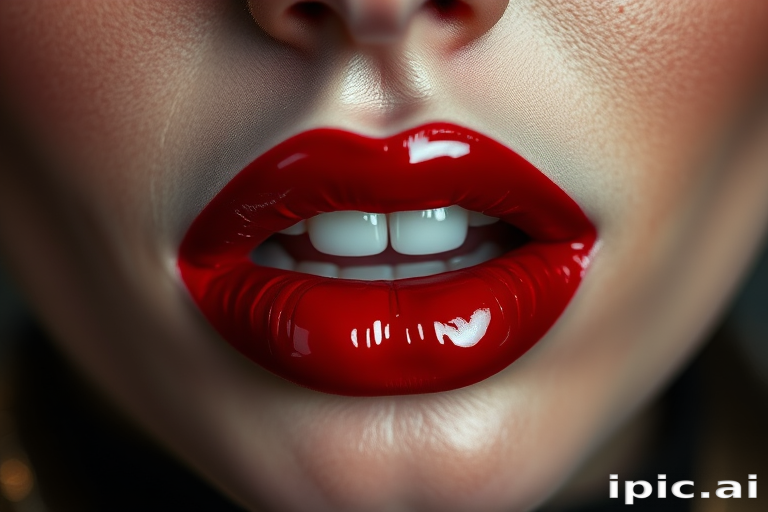 Blood-red lips with a high-shine vinyl finish, exuding sensuality and drama, perfect for a vampiric or gothic-inspired costume party