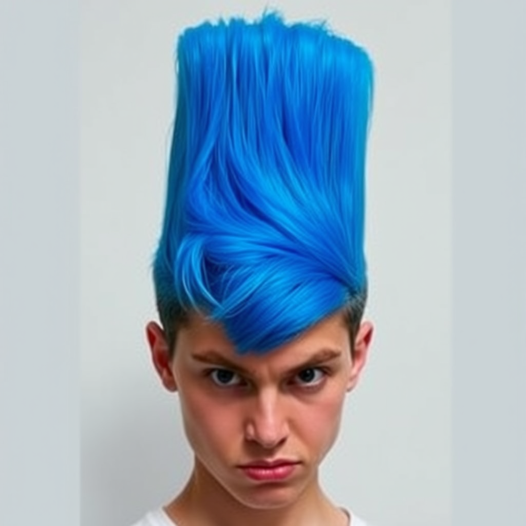 Image of a person with their hair styled upright,  in a cylinder shape. The hair  color is neon blue and appears to be held in place by a hair product, giving it a fluffy texture. The background is nondescript, and the person's face is looking at the viewer nervously.