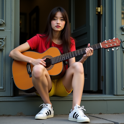 Ultra-realistic and very detailed image, high resolution and definition of a young woman, a rocker. She's sitting on the step of a doorway, with one leg stretched out, playing an acoustic guitar. The young woman is wearing a red T-shirt and yellow shorts. Adidas trainers. The door is glazed and mirrors the street.
