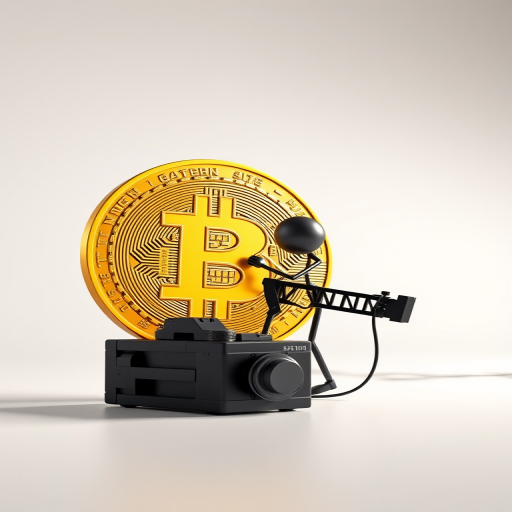 Create a 3D render of a stick figure character mining a large golden Bitcoin, shot with a DSLR camera at f/2.8 aperture, ISO 100, 35mm lens, in a bright, minimalist studio setting with soft lighting to enhance details and colors.