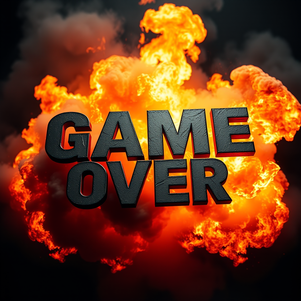 Create an explosive scene featuring the text "GAME OVER" in a bold, distressed font with dynamic flames and smoke in the background, shot with a DSLR camera, f/2.8 aperture, ISO 200, 50mm lens, high-contrast lighting, and a dramatic angle to enhance depth and intensity.