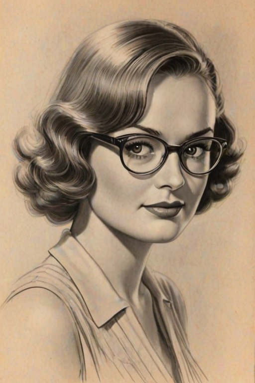 Stunning Donna Reed, pencil sketch, portrait of Ravishing woman 1928s in glasses, hair style beatnik, outline, clear lines, fine lines, 8k