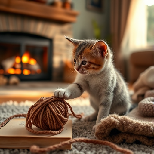 Close-up of a kitten pawing at a ball of yarn in a cozy living room, soft light from a nearby fireplace casting warm shadows, with a plush blanket and book scattered on the floor.