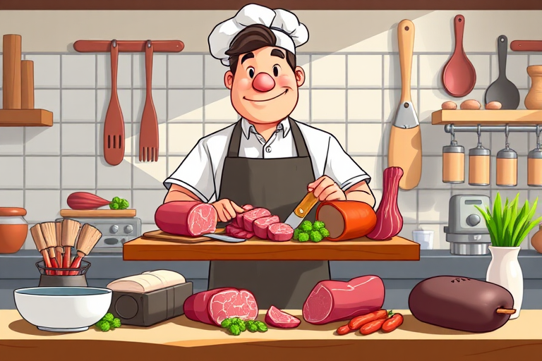 Create a high-resolution digital illustration of a cartoon butcher character standing behind a wooden cutting board with various types of meat, wearing a white shirt and a chef's hat, using vibrant colors and simple shapes, shot with a Canon EOS 5D Mark IV, 50mm lens at f/2.8 aperture, in natural lighting for enhanced depth and clarity.