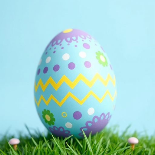 Create a vibrant Easter egg illustration with pastel blue background, intricate patterns including purple dots, yellow zigzags, and green circles, using a high-resolution digital format, shot with a Canon EOS R5, aperture f/4, ISO 100, 50mm lens, in a soft focus style for a smooth finish.