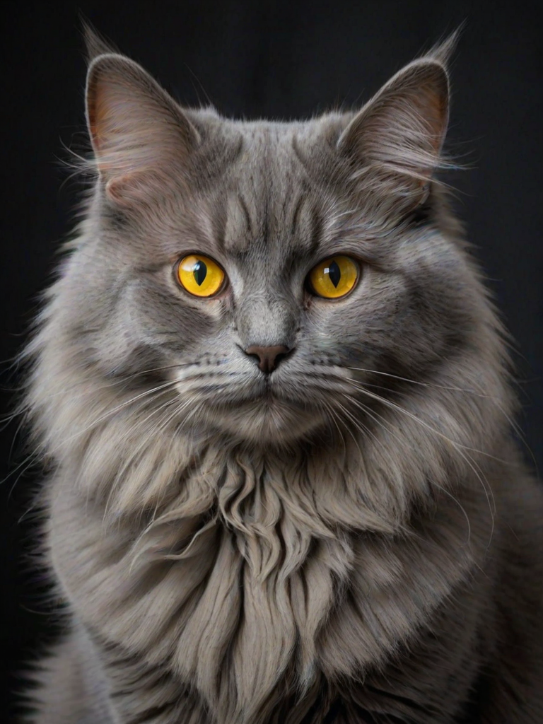 Generate a portrait of a fluffy gray cat with striking yellow eyes, sitting against a dark background.