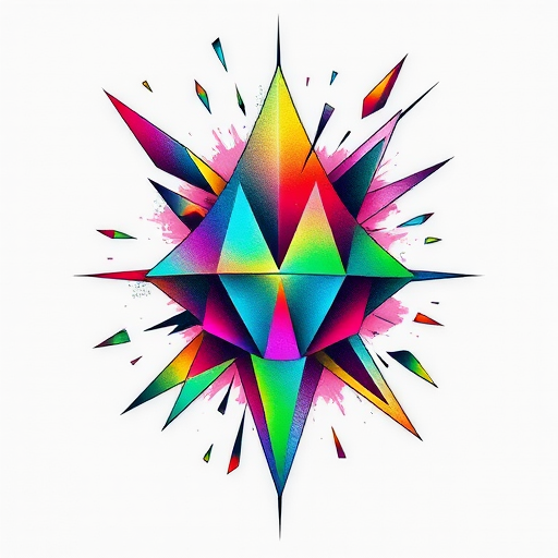 Edgy "Shattered Prism" tattoo style incorporating geometric shapes and angular lines that appear to fracture and refract light, rendered in a spectrum of vivid rainbow hues that transition smoothly from one to the next, creating a dynamic and visually striking design that seems to shift and change depending on the viewing angle