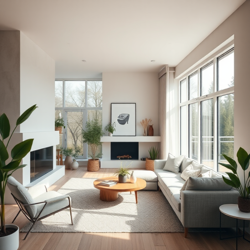interior of a modern minimalist living room with large windows allowing natural light, neutral color palette, soft textures, and greenery, captured with a Canon EOS R5, 24mm lens, aperture f/2.8, ISO 100, soft focus for a warm ambiance