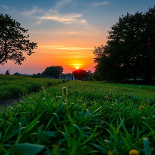 Create a high-resolution image of a serene landscape with a sunset background, using a Canon EOS R5 camera, 24mm lens, f/8 aperture, 1/125 sec shutter speed, ISO 100, shot from a low angle to capture foreground details and vibrant colors.