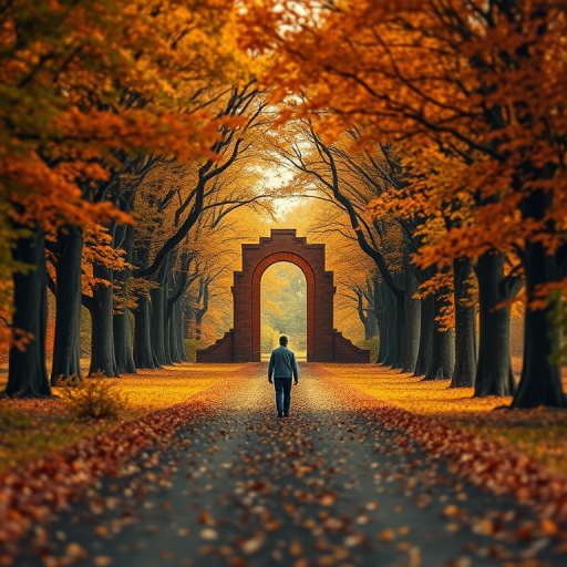 A solitary figure walking towards a glowing portal surrounded by ancient trees in autumn colors, captured with a Canon EOS R5, 35mm lens, f/2.8 aperture, ISO 100, using a soft focus effect and high dynamic range to enhance colors and details.