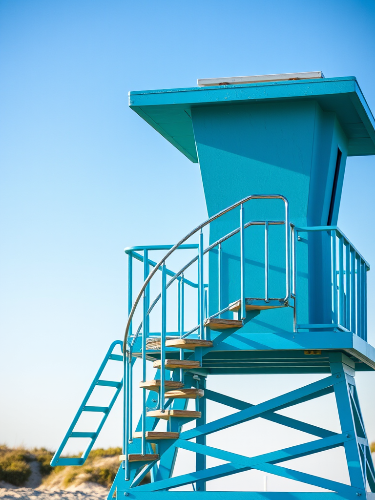 Capture a vibrant blue lifeguard tower with a spiral staircase against a clear sky, using a DSLR camera with a 50mm lens, aperture f/4, ISO 100, and a slight tilt-shift effect for depth.