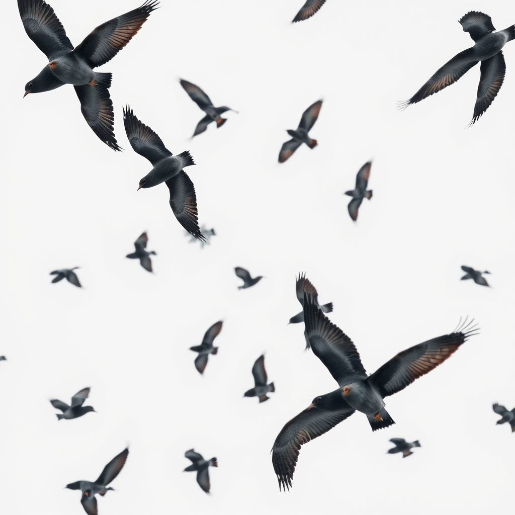 a high-resolution image of a flock of birds in flight against a white background, captured with a Canon EOS R5, 24mm lens, aperture f/8, shutter speed 1/2000s, ISO 100, top-down aerial view, sharp focus on the birds, minimal noise, and high contrast