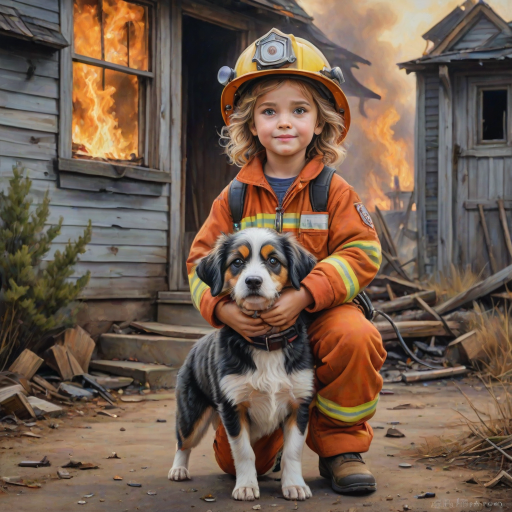airbrushed oil painting, pixar style, cute little girl in fireman gear, helmet, tousled hair, expressive eyes, standing in the doorstep of a cottage burning behind him, holding a cute little dog in her arm, atumn sky
