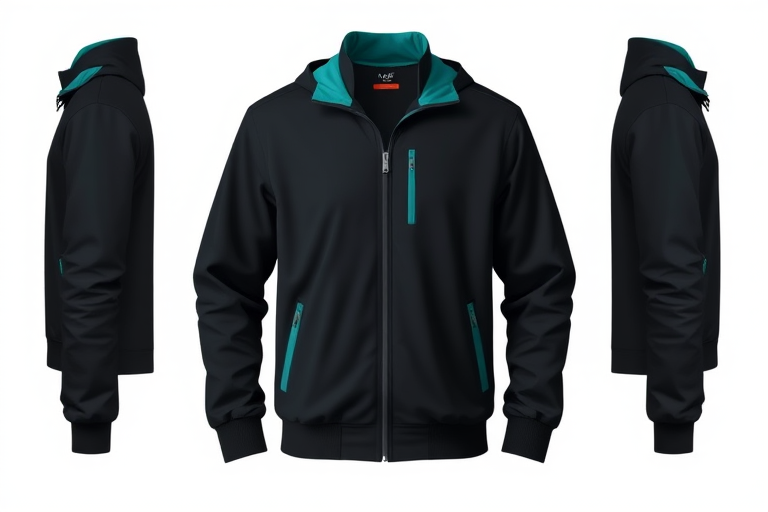a high-quality vector illustration of a black zip-up jacket with teal accents, captured in a clean, simple studio setting, using a DSLR camera with a 50mm lens at f/2.8, ISO 100, and a soft diffused light for an even illumination