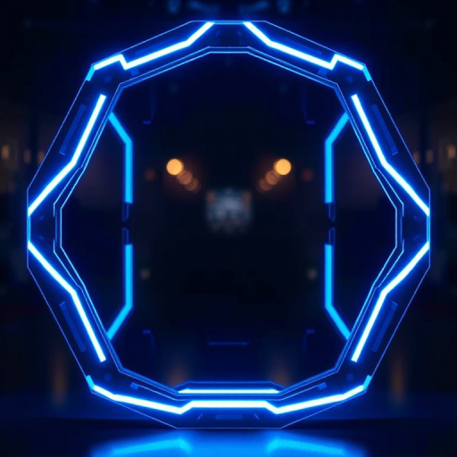 Create a futuristic frame design with glowing blue edges, high contrast, and a transparent center, captured with a DSLR camera at f/8 aperture, 50mm lens, natural lighting, and a shallow depth of field.
