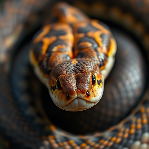 A highly detailed close-up of a coiled snake with realistic textures and patterns, showcasing its vibrant eyes and intricate scales, shot with a Canon EOS R5, 85mm lens, aperture f/1.8, ISO 100, in natural lighting to enhance image quality and background blurred.