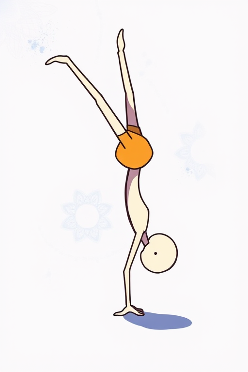 Create a vibrant, high-resolution illustration of a whimsical stick figure performing a handstand, 50mm lens, f/2.8 aperture, soft lighting, shot from a low angle with a DSLR camera to enhance clarity and detail.