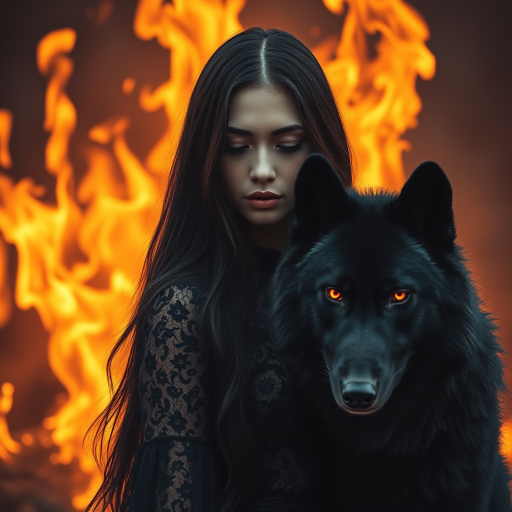 A woman with long dark hair, wearing a black lace dress that seamlessly blends into her skin with intricate floral patterns. She is in the foreground, with a black wolf beside her; its fur is midnight black, and it has glowing, intense, orange eyes that match hers. Her eyes are partially closed with burning embers above them, giving a fiery and mystical aura. The background is engulfed in tall, roaring flames, contributing to an overall dark and supernatural atmosphere. The colors are intense, predominantly black, fiery orange, and deep reds, with sharp contrast highlighting the mysterious and fierce theme. The flames are bright and dynamic, casting dramatic light and shadow, illuminating the woman and wolf while leaving parts in near darkness. The image evokes a sense of otherworldly power and connection between the woman and the wolf.