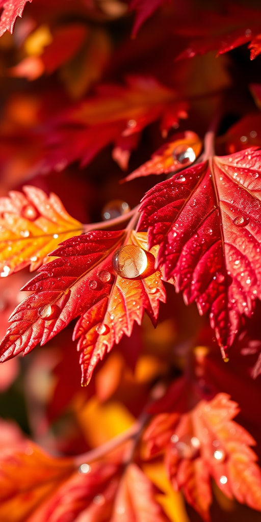 Close-up of vibrant autumn leaves with dew drops glistening in soft natural light, aperture f/2.8, ISO 100, shutter speed 1/200, macro lens, captured from a low angle to enhance depth of field.