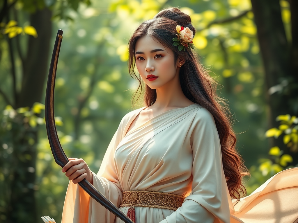 Create a portrait of a goddess-like Chinese girl figure in a tranquil, forested environment. She has an elegant appearance with long, wavy hair styled in an updo and adorned with a delicate, floral headband. She wears a flowing, ancient Greek-inspired gown in a soft, pale color, featuring a one-shoulder design and draped fabric that accentuates her graceful form. The outfit includes a decorative belt with ornate gold detailing, and she holds a bow in her hand, with a quiver of arrows slung over her shoulder. The background depicts lush greenery, with sunlight filtering through the trees, casting a gentle, ethereal light on the scene. Her expression is calm and contemplative, embodying a sense of wisdom and serenity.