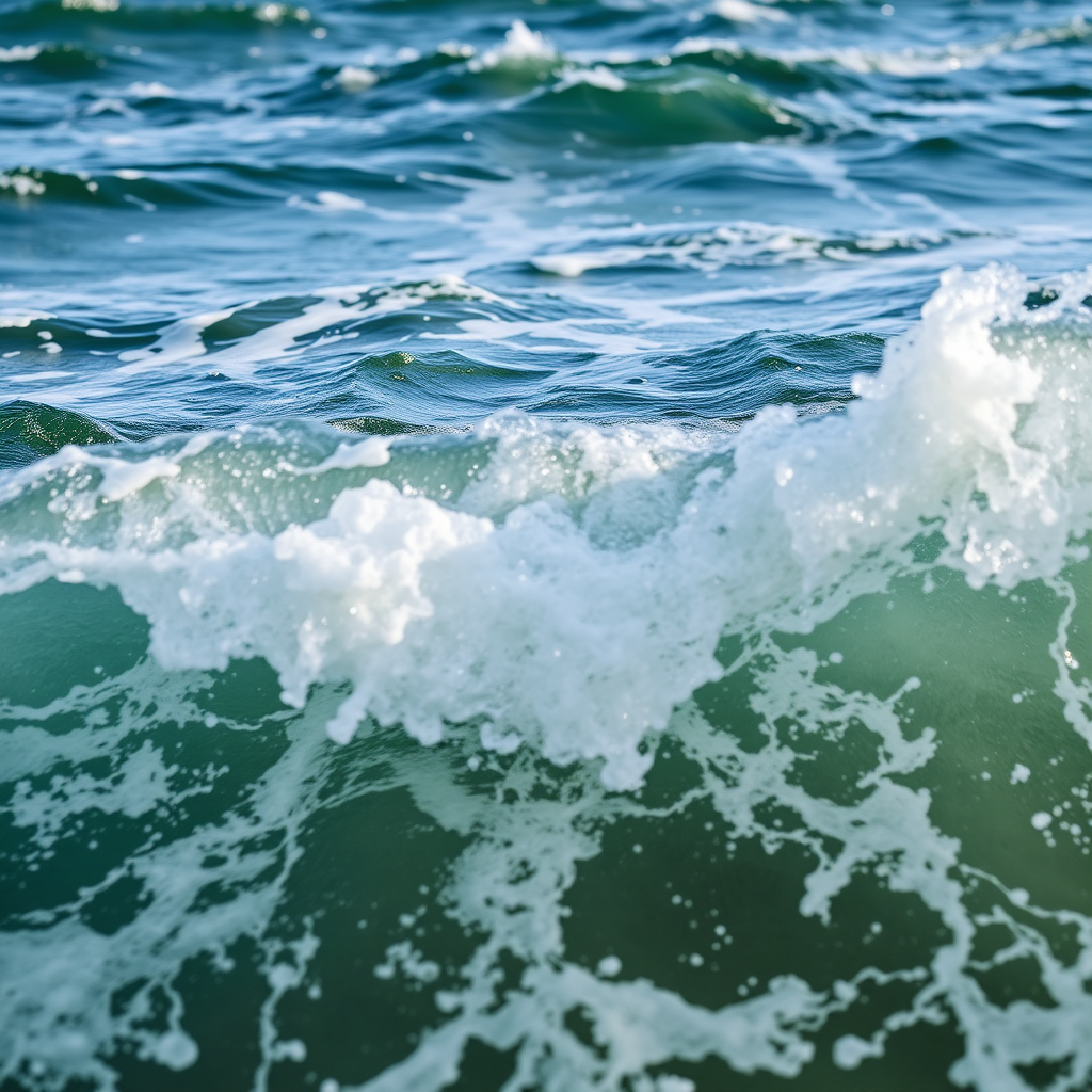 Capture a dynamic seascape featuring turbulent ocean waves, using a DSLR camera with a 50mm lens, aperture f/8, shutter speed 1/250s, ISO 200, shot from a low angle to emphasize the movement and texture of the water, ensuring vibrant colors and sharp details.