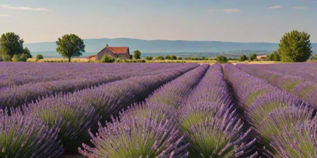 Sharp, detailed image of a field of lavender in full bloom, bees buzzing between flowers, soft purple hues stretching to the horizon, a distant farmhouse visible under a clear blue sky, soft breeze rustling the flowers.