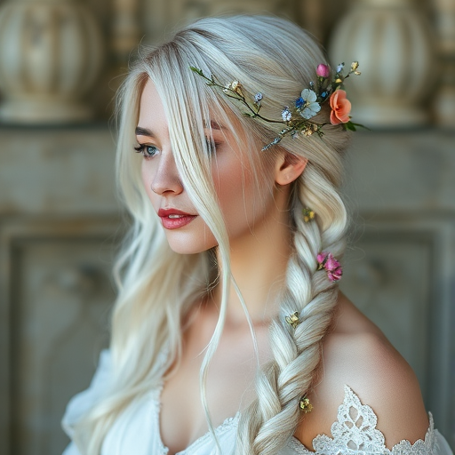 Ethereal fairy-like woman with waist-length, iridescent white-blonde hair styled in loose, romantic braids adorned with tiny flowers