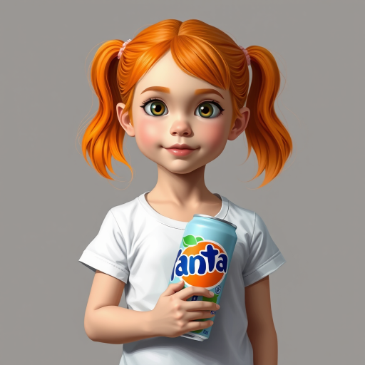 3D painting portrait of a young girl, orange hair, wearing white t-shirt, holding a can of Fanta. simple grey bg. vibrant color.