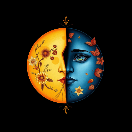 Create a detailed illustration of a moon phase design featuring two faces, one illuminated in warm yellow tones with floral elements and the other in cool blue tones with autumn leaves, set against a deep black background, using a DSLR camera, 50mm lens, f/1.8 aperture, ISO 100, and a soft focus effect to enhance the ethereal quality.