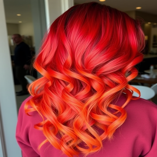Fiery ombre locks transition from deep crimson roots to bright orange tips, styled in voluminous curls reminiscent of flickering flames, embodying the fierce and passionate "Phoenix Rising" style