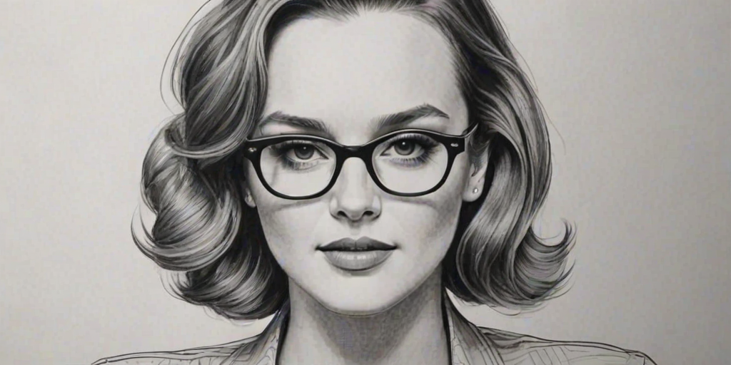 Stunning Leighton Meester, pencil sketch, portrait of Attractive woman 1953s in glasses, hair style beatnik, outline, clear lines, fine lines, 8k
