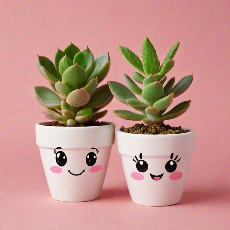 create a cute and smiling succulent plant in a white pot with a pink background, featuring two different facial expressions, one happy and one cheerful, with green leaves arranged artistically