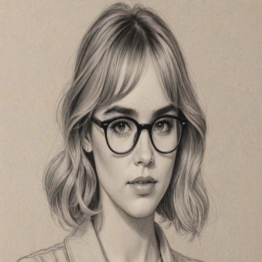 Enchanting Suki Waterhouse, pencil sketch, portrait of Fascinating woman 1934s in glasses, hair style beatnik, outline, clear lines, fine lines, 8k