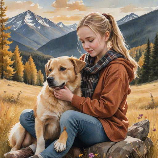 A detailed watercolor and acrylic illustration showing a heartwarming scene between a young blonde girl in pigtails and a Bearnaise Mountain dog. The girl, dressed in a rust hoodie, jeans, and a plaid scarf, gently rests her hand on the dog’s head. The dog, with black, copper, and white fur, sits beside her, tilting its head in affection. They sit on golden grass with wildflowers, against a sunny fall background. The artwork focuses on realistic textures and the tender bond between them.
