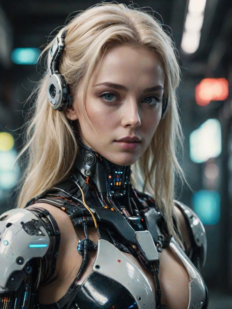 portrait of a blonde robot woman in a cyberpunk setting