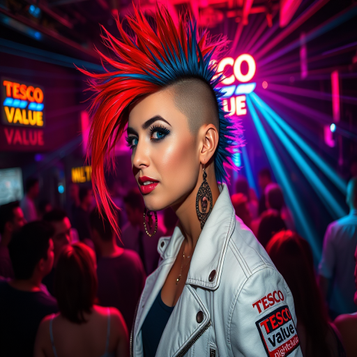 A punk rock woman with red and blue mohawk hair, white leather jacket with a Tesco Value logo patch on the arm, in a crowded night club with a neon Tesco Value logo sign and the text "nightclub" below it,  neon laser lights