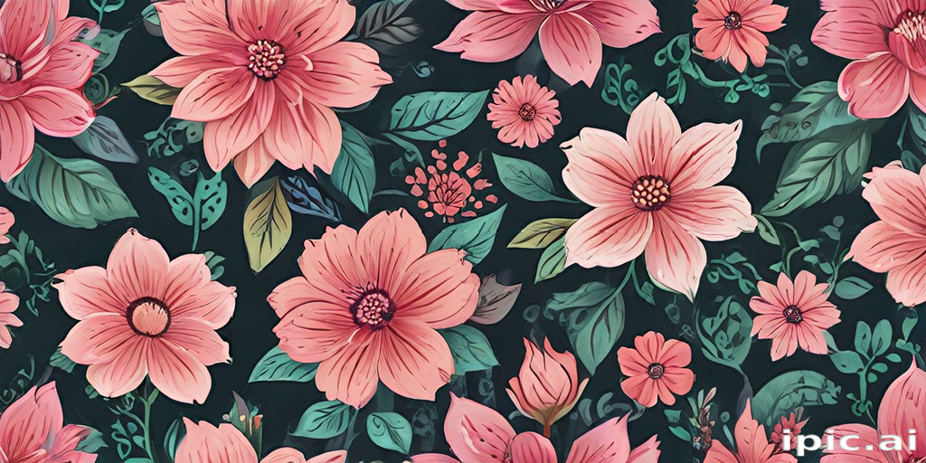 Vibrant Floral Pattern with Pink Flowers and Green Leaves on Dark ...