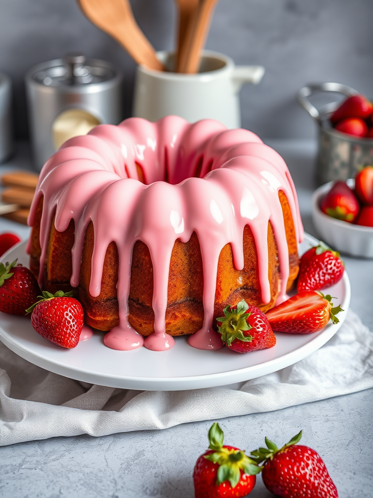 A beautifully decorated pink bundt cake with a glossy icing dripping down the sides placed on a white plate with a light gray cloth underneath fresh strawberries on the side and a blurred background of kitchen items and a gray backdrop