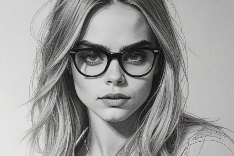 Exquisite Cara Delevingne, pencil sketch, portrait of Dazzling woman 1922s in glasses, hair style beatnik, outline, clear lines, fine lines, 8k