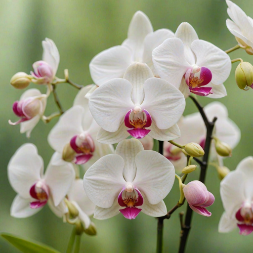 a close-up of beautiful white orchids with pink accents set against a green blurred background
