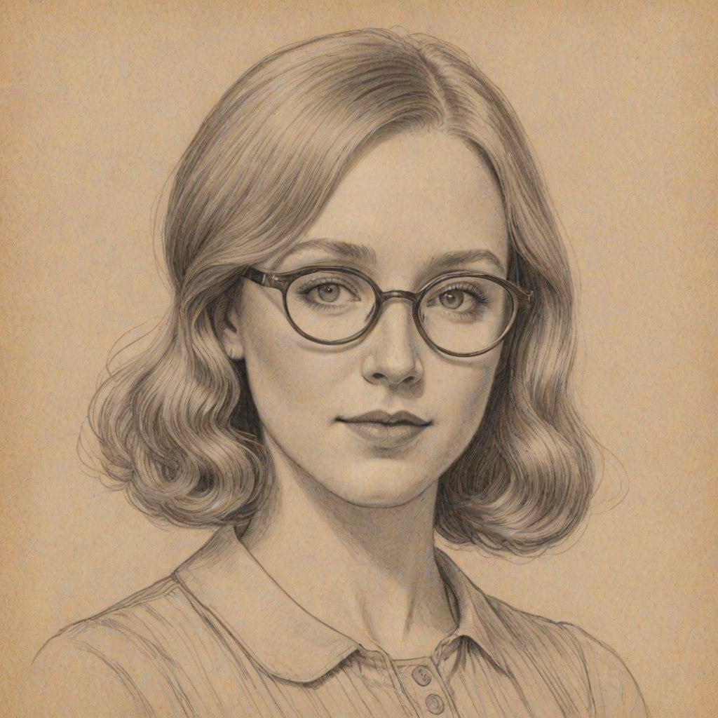 Enchanting Molly C. Quinn, pencil sketch, portrait of Lovely woman 1927s in glasses, hair style beatnik, outline, clear lines, fine lines, 8k
