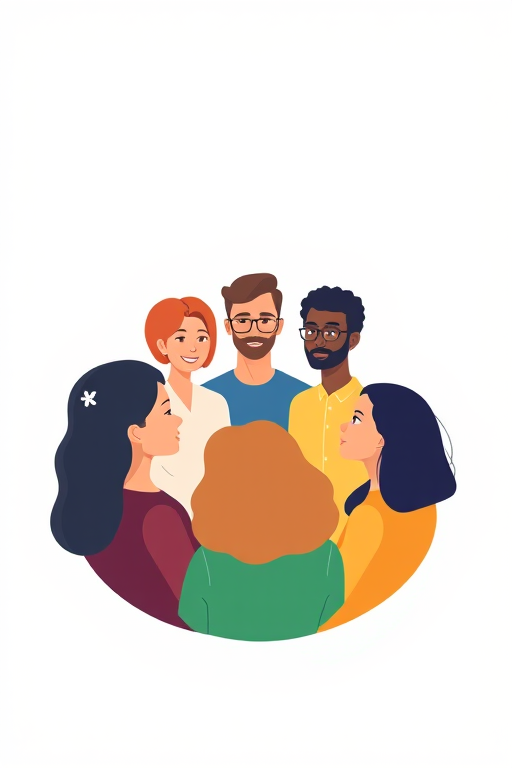 Create a vector-style illustration of a diverse group of five people in a circle, with flat colors and soft shadows, captured using a digital camera with a 50mm lens, f/2.8 aperture, vibrant color profile, and a shallow depth of field to enhance subject clarity and background blur.