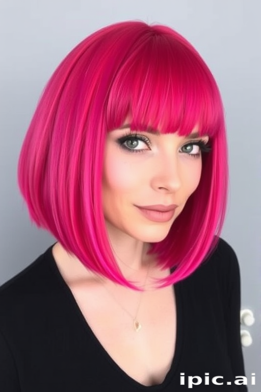 Vibrant magenta bob with "Berry Blaze" flair boasts blunt bangs and sleek, straight lines, creating a bold and edgy aesthetic