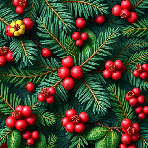 create a high-resolution digital illustration of various evergreen foliage and berries, capturing intricate details and vibrant colors, use a macro lens with a shallow depth of field at f/2.8, shot from a top-down view to highlight textures, use a DSLR camera type for optimal clarity and image quality
