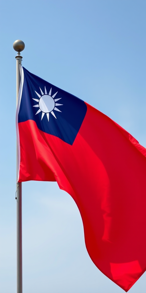 Create a high-resolution image of the Taiwan flag with vibrant colors, using a DSLR camera, aperture f/8, ISO 100, focal length 35mm, shot from a slightly elevated angle to capture the flag fluttering in the wind.