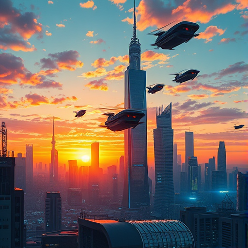 Create a detailed and vibrant illustration of a futuristic city skyline at sunset, showcasing towering skyscrapers, flying vehicles, and neon lights, captured with a Canon EOS R5, 24mm lens, f/2.8, ISO 100, and a wide-angle view for maximum depth.