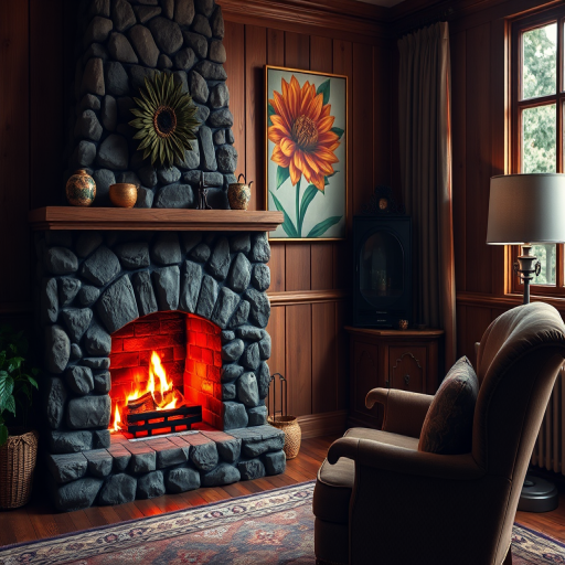 cozy living room with a stone fireplace glowing with a warm fire, wooden walls, colorful flower painting on the wall, elegant armchair, soft ambient lighting, taken with a Canon EOS R5, 50mm lens, f/1.8 aperture, ISO 100, natural light from a window, HDR style for enhanced detail