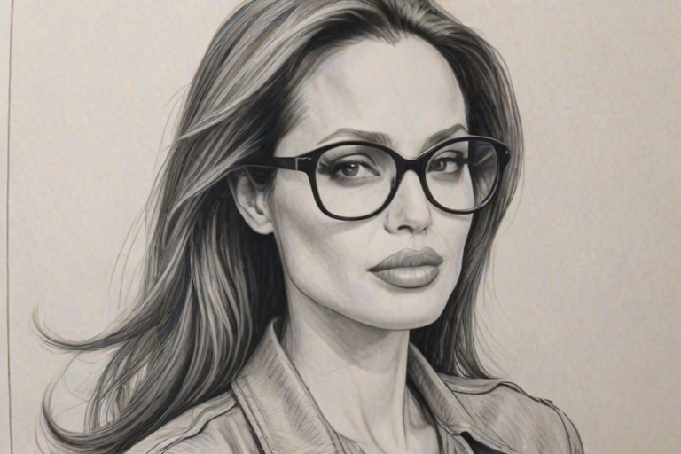 Beautiful Angelina Jolie, pencil sketch, portrait of beautiful woman 60s in glasses, hair style beatnik, outline, clear lines, fine lines, 8k