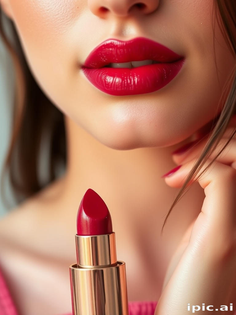 Sheer cherry-tinted lips with a hint of sparkle, fresh and youthful, ideal for a natural yet polished appearance